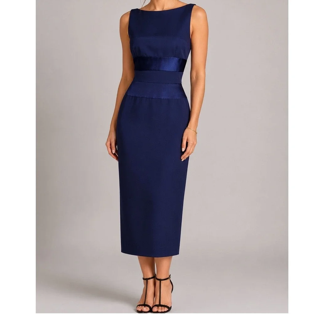 navy blue column dress Mac Duggal Women's Beaded Draped Jersey Column Gown - Sapphire